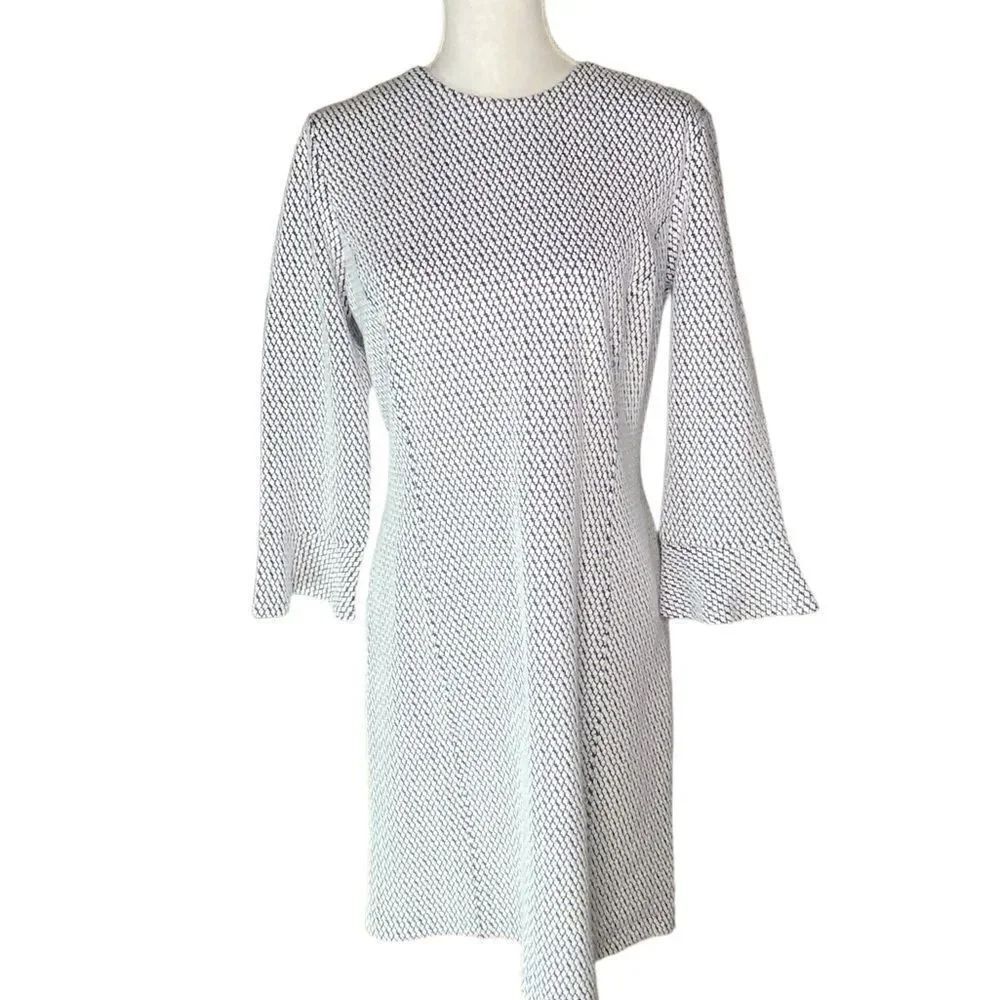 J.McLaughlin Eloise Wm’s Med Sz Black White Crew Neck Knit Midi Sheath Dress